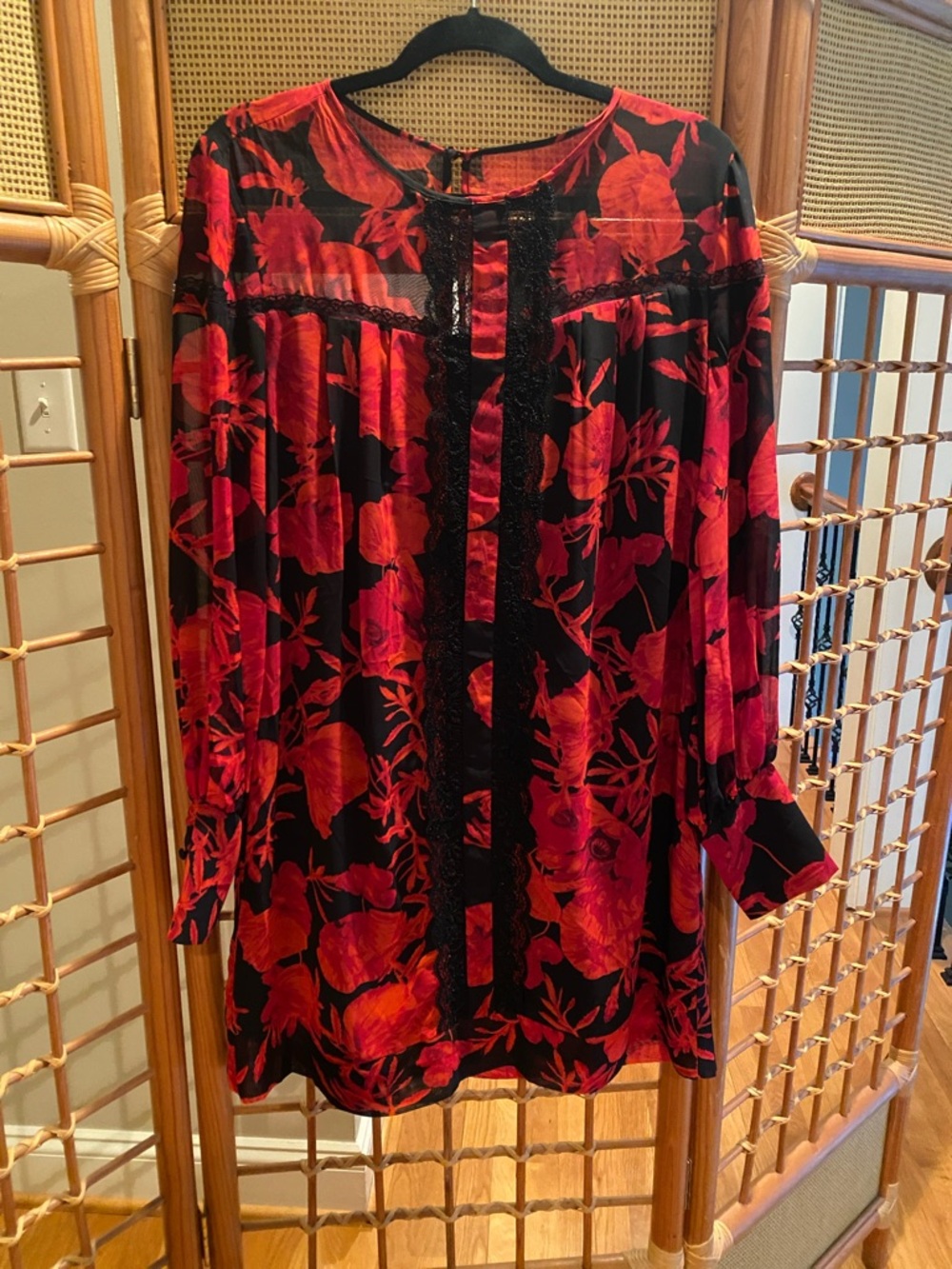 New York & Company Black Dress with Red Floral Print - Long Sleeve Women